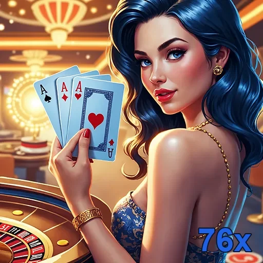 Jogadora com cartas na mão em ambiente de cassino 76x.