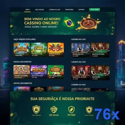 Tela do site 76x com opções de cassino ao vivo e segurança.