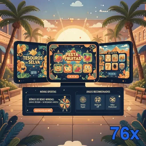 Slots coloridos do cassino 76x com temas variados.