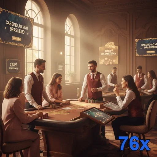 Jogadores e dealers em cassino ao vivo no 76x.