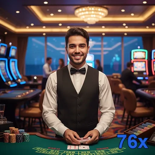 Dealer sorridente em cassino do 76x, oferecendo atendimento VIP.