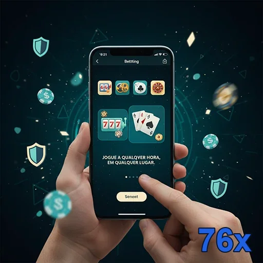 Jogador usando app do 76x para acessar jogos VIP e slots.