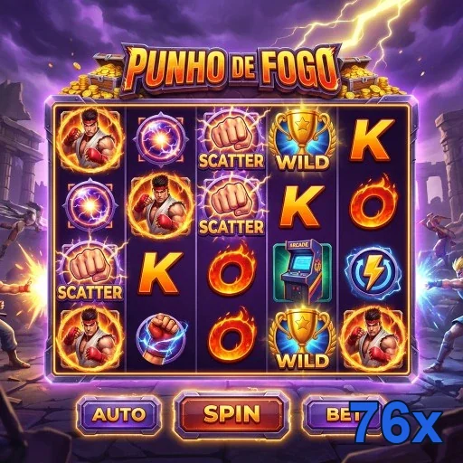 Slot 'Punho de Fogo' com elementos visuais vibrantes 76x.