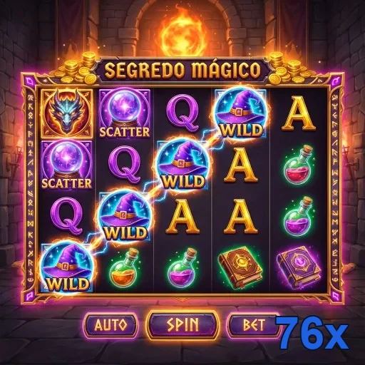 Slot game 'Segredo Mágico' no 76x apresenta símbolos vibrantes.