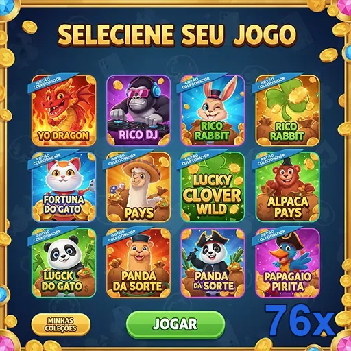 Tela de seleção de slots do 76x com diversos jogos.