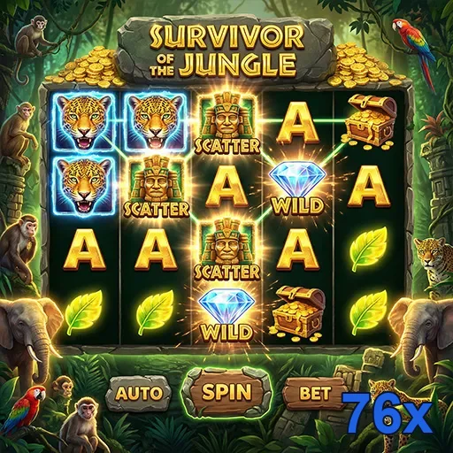 Tela do jogo 'Survivor of the Jungle' no aplicativo 76x.