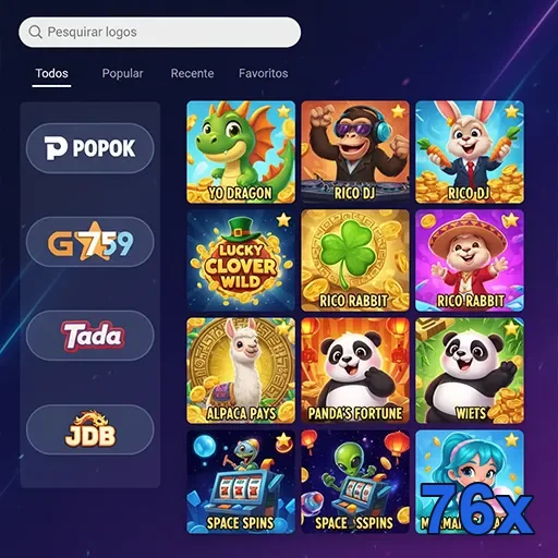 Tela com diversos logos de slots no site 76x.