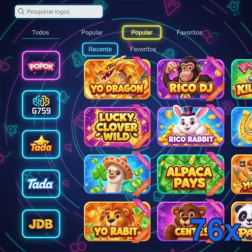 Interface do aplicativo 76x com jogos populares disponíveis.